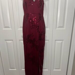 A. Byer Red Sequin Maxi Gown V-neck Prom